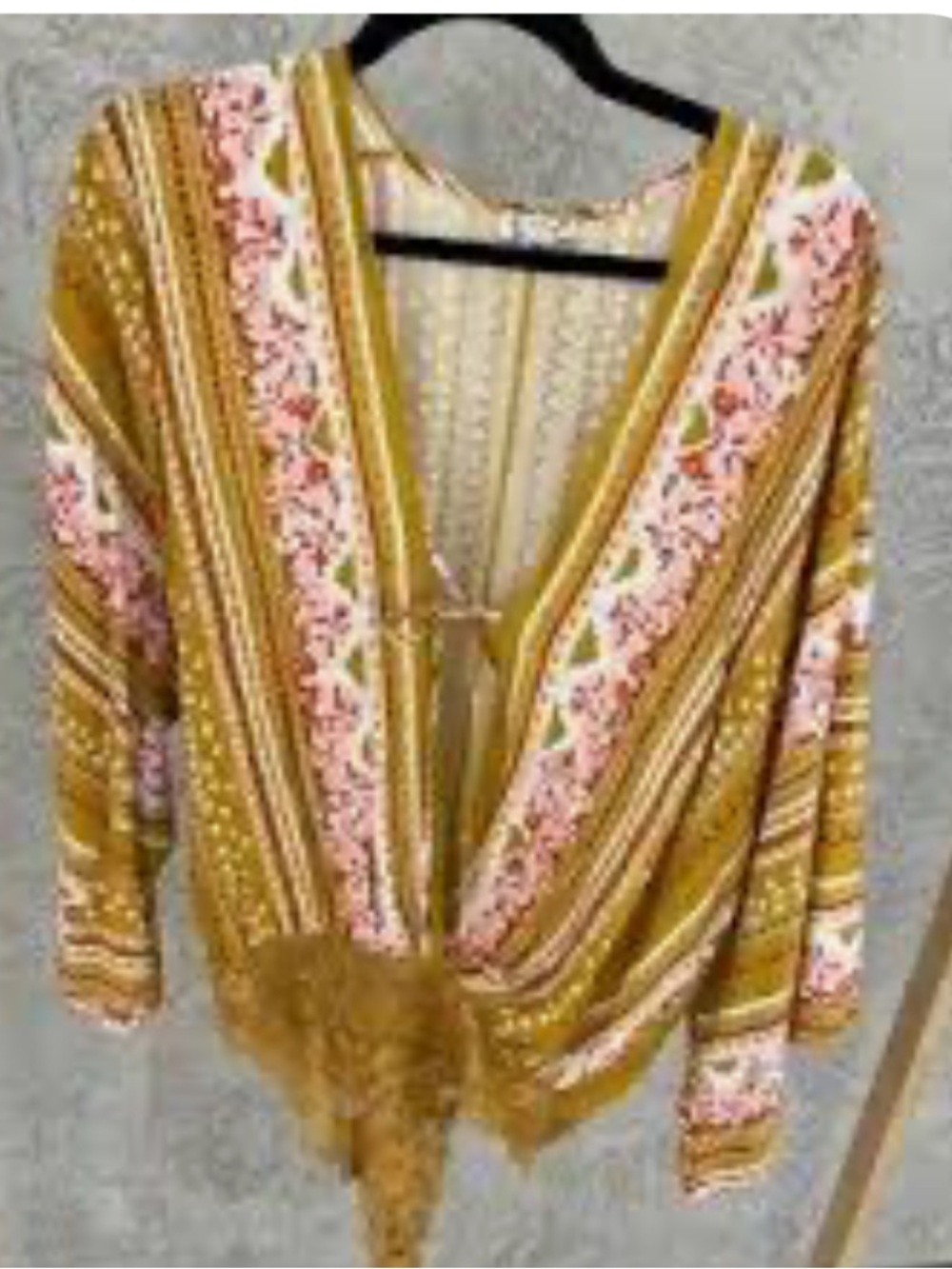 Free People Mustard and Pink Striped Floral Tie-Front Top